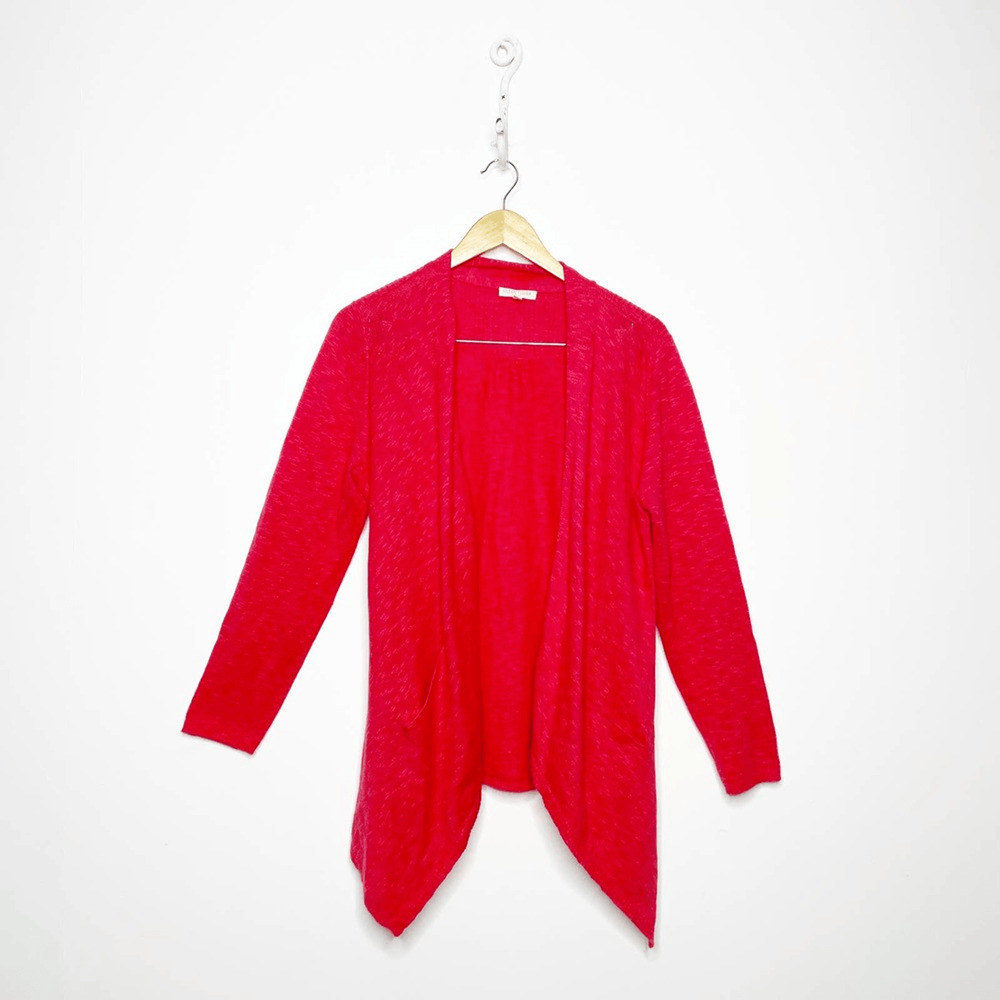 Eileen Fisher Linen Cotton Open Front Cardigan pink pockets knit boxy petite L